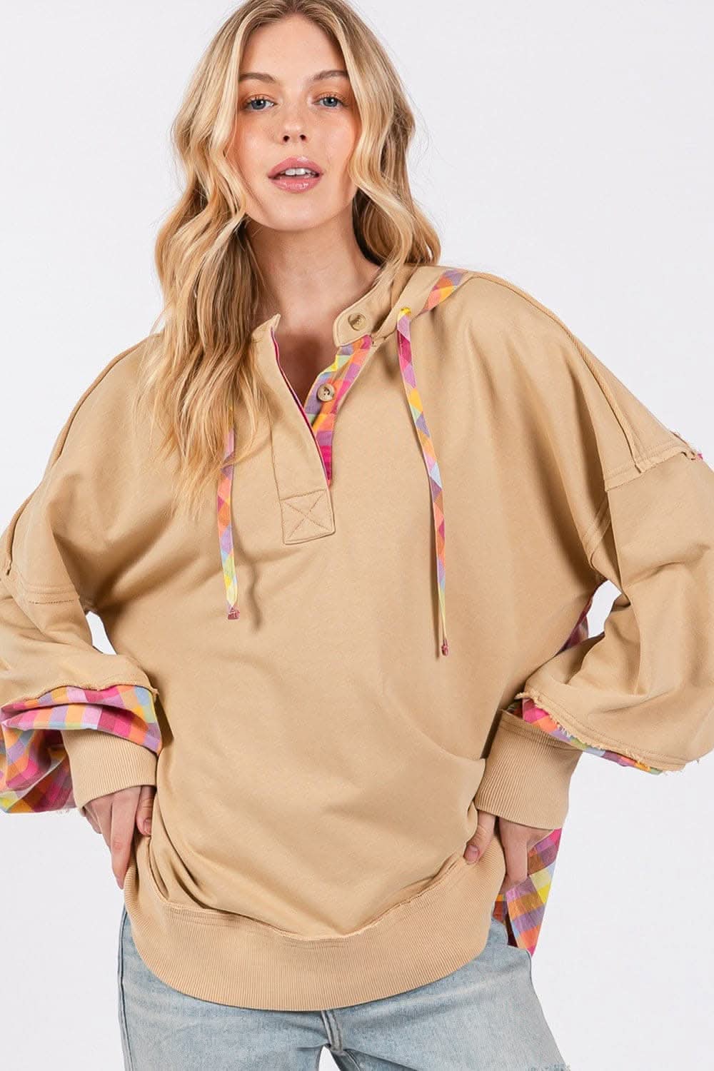 SAGE + FIG Full Size Plaid Print Washed Hoodie - Love Salve 