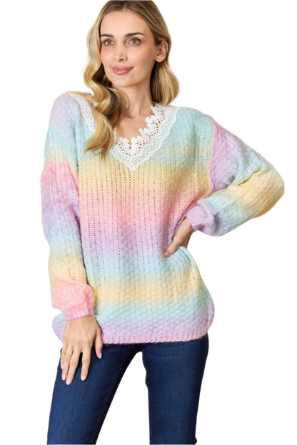 BiBi Rainbow Gradient Crochet Deetail Sweater.