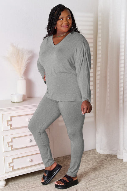 Basic Bae Bamboo Full Size V-Neck Long Sleeve Top and Pants Lounge Set.