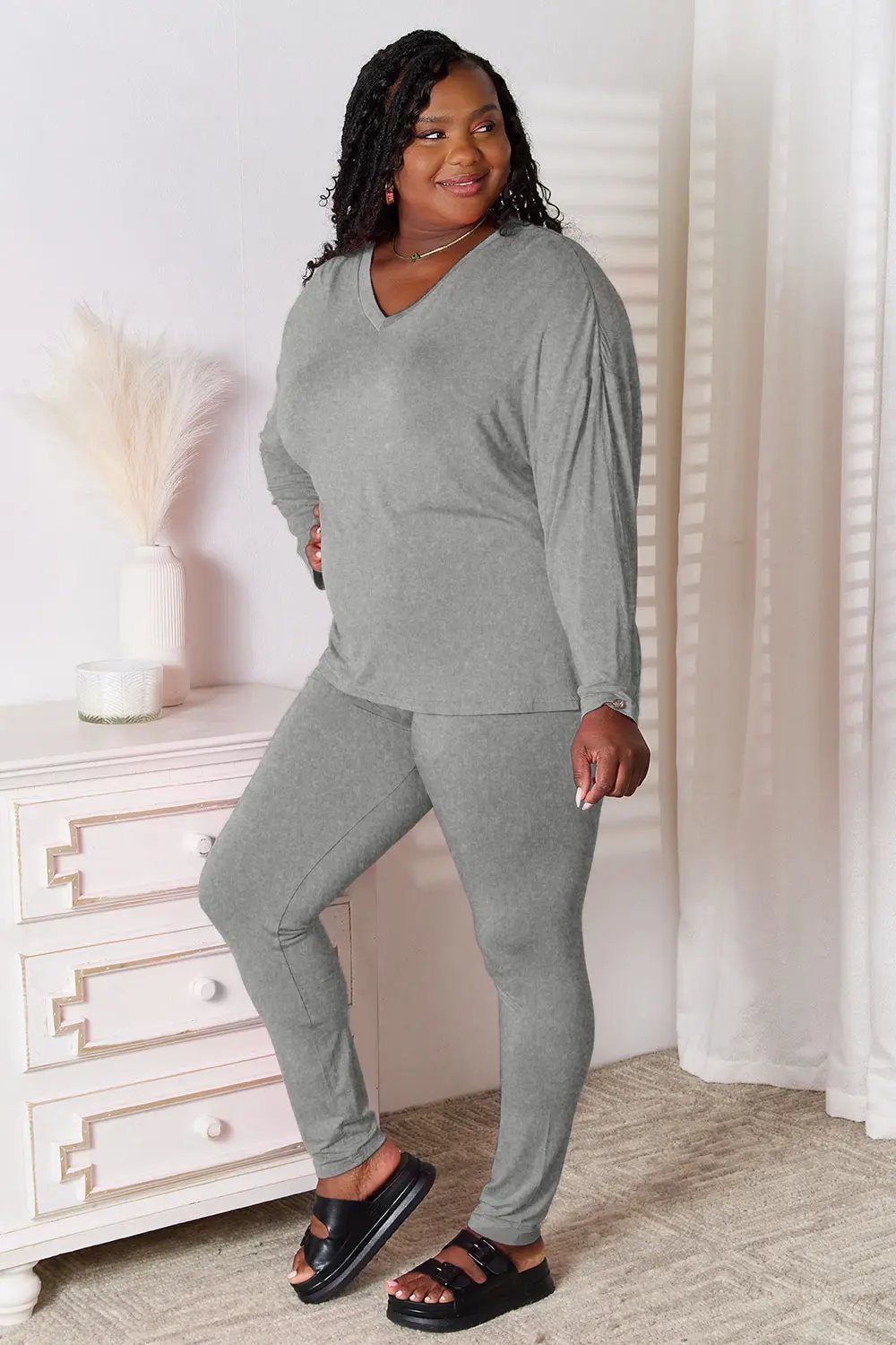 Basic Bae Bamboo Full Size V-Neck Long Sleeve Top and Pants Lounge Set - Love Salve
