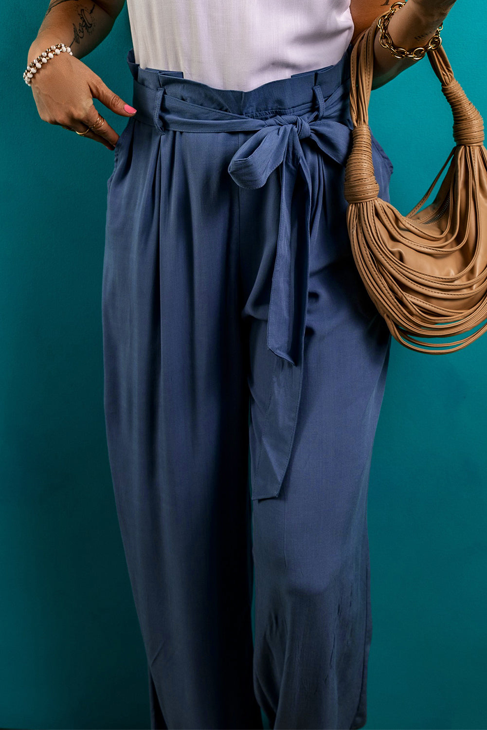 Chic paperbag waist wide leg palazzo pants with a belted design