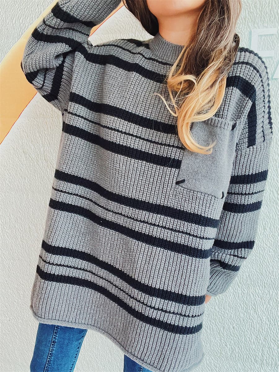 Cozy striped long sleeve sweater with pockets