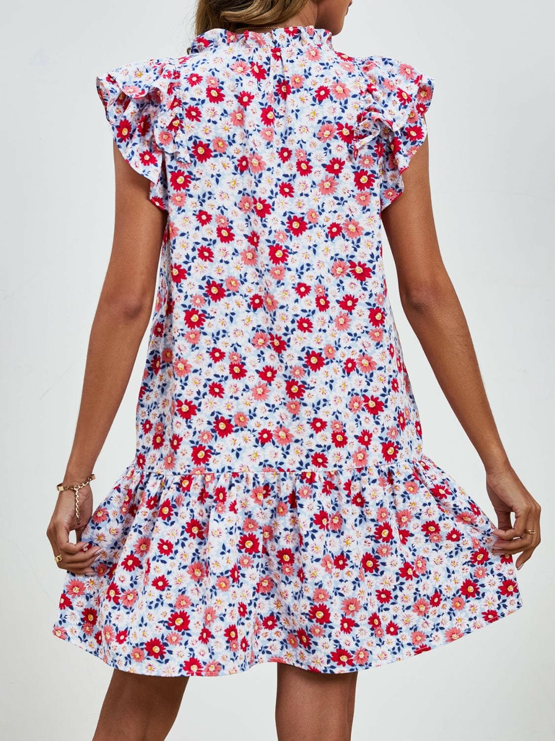 Tied Floral Cap Sleeve Mini Dress.