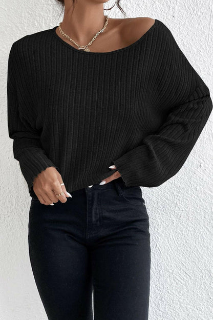 Ribbed Round Neck Drop Shoulder Long Sleeve Top.