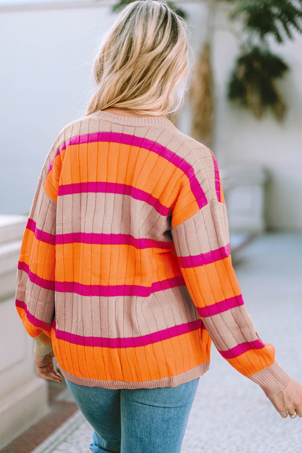 Ribbed Striped Open Front Long Sleeve Cardigan.