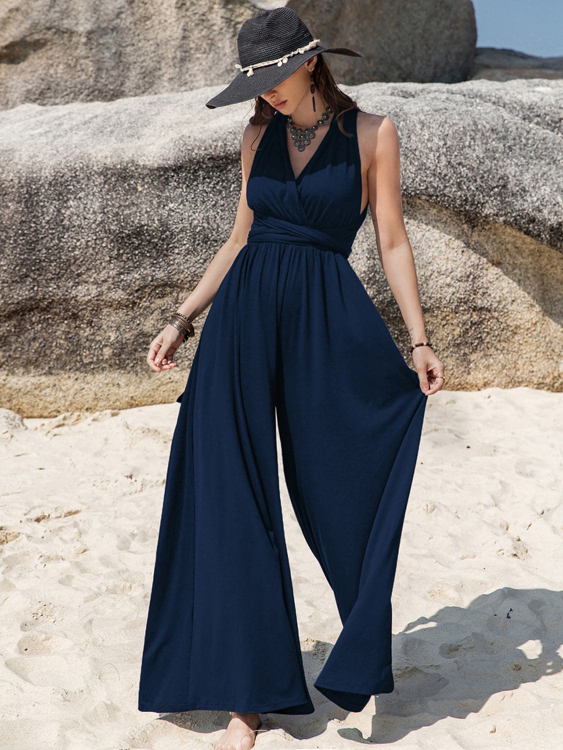 Surplice Wide Leg Jumpsuit with Free Tie.