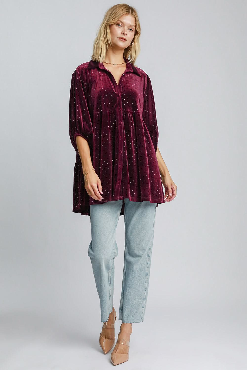 Polka Dot Button-Up Half Sleeve Blouse by Umgee