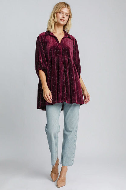 Polka Dot Button-Up Half Sleeve Blouse by Umgee