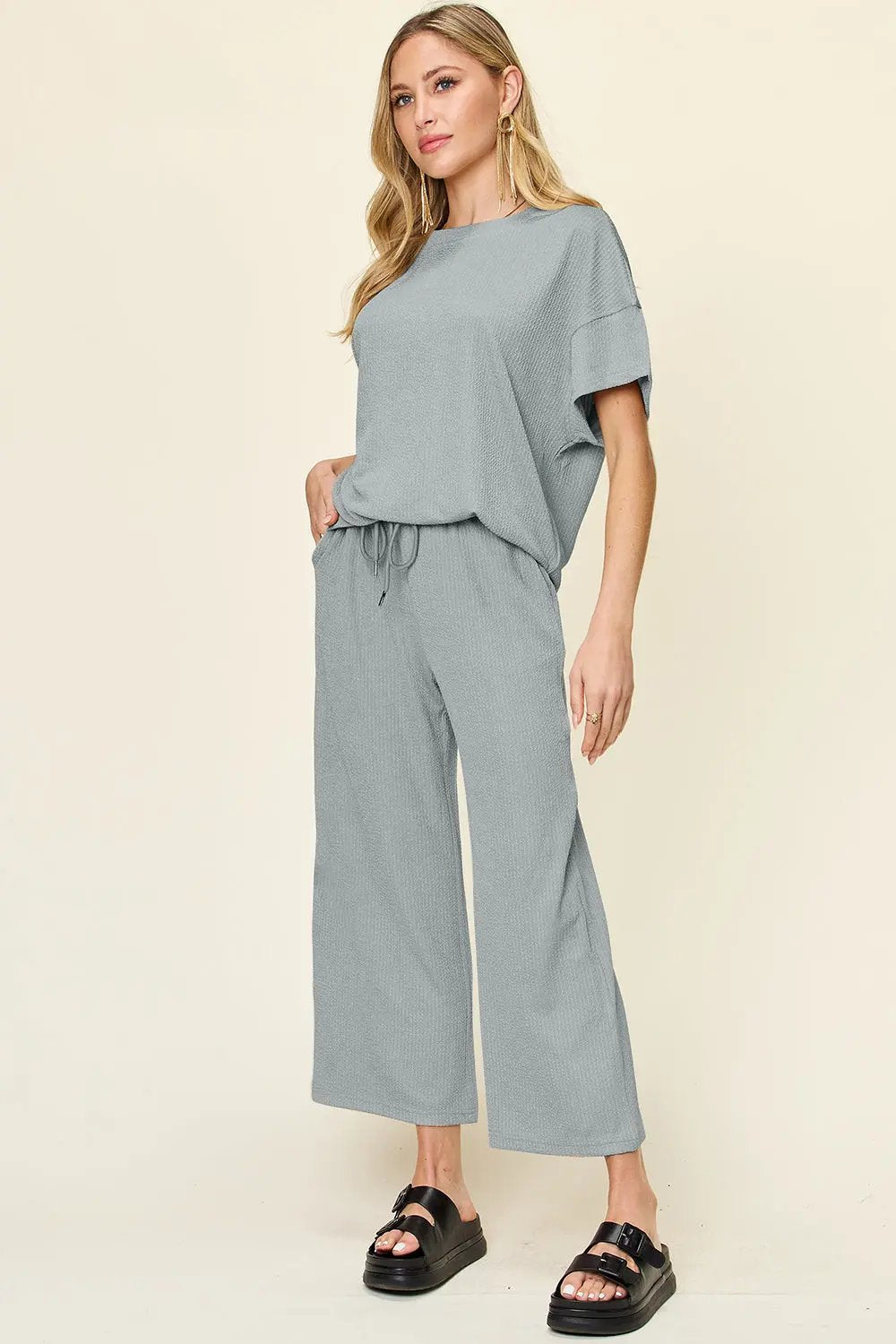Double Take Full Size Texture Round Neck Short Sleeve T-Shirt and Wide Leg Pants - Love Salve