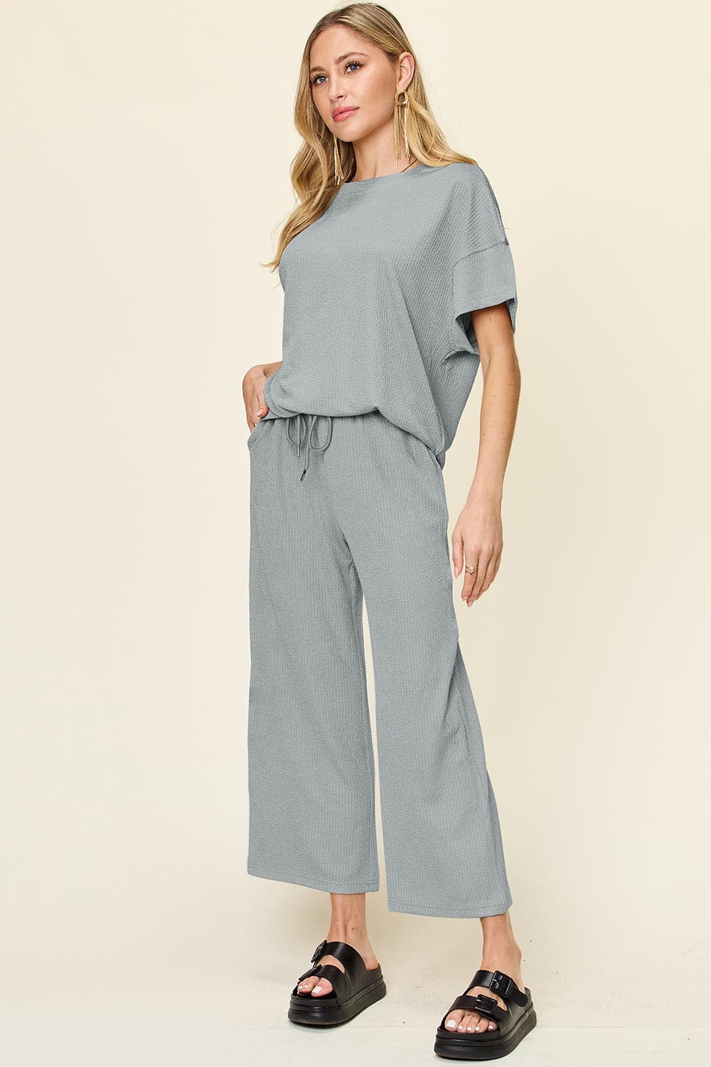 Double Take Full Size Texture Round Neck Short Sleeve T-Shirt and Wide Leg Pants.