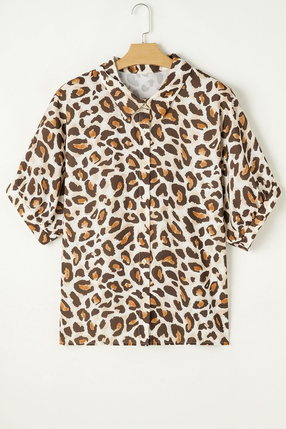 Khaki Plus Size V-Neck Leopard Print Button-Up Shirt