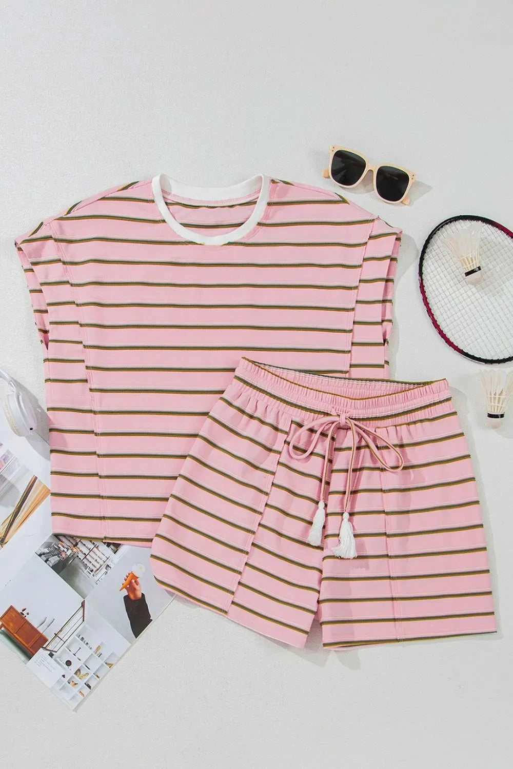 Stripe Wide Short Sleeve Tee and Short Set Simply Love