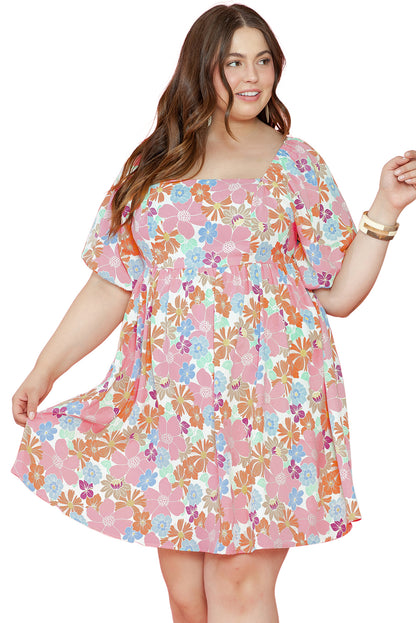 Charming multicolour floral babydoll dress with puff sleeves and square neckline