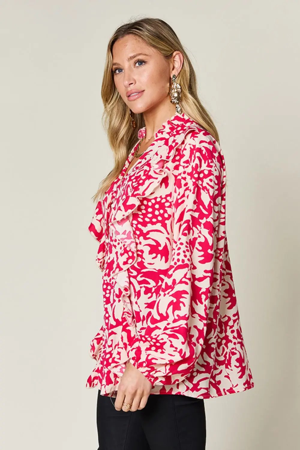 Double Take Full Size Printed Ruffle Trim Balloon Sleeve Shirt - Love Salve