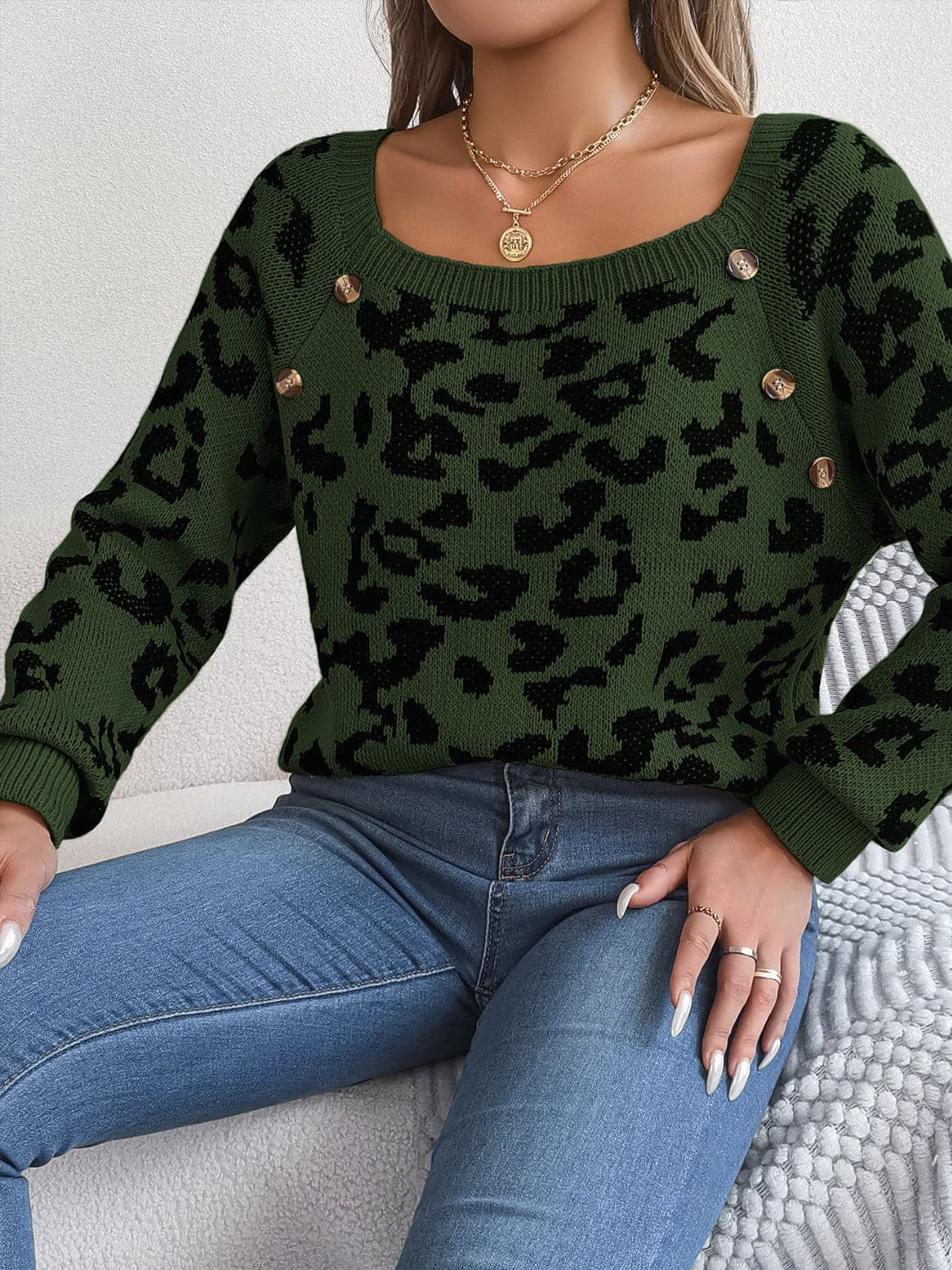 Leopard Buttoned Square Neck Sweater.