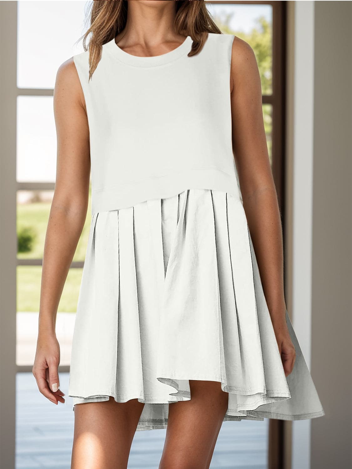 Pleated Round Neck Sleeveless Mini Dress.