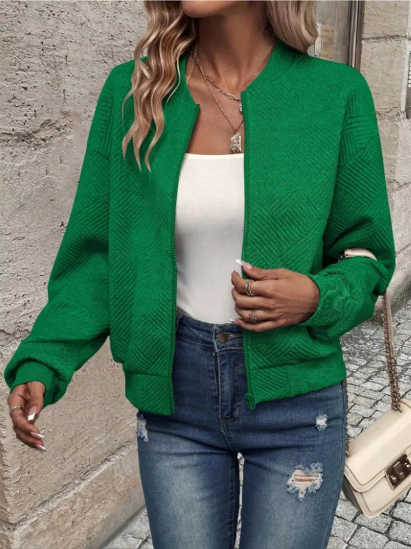 Textured Knit Zip-Up Bomber Jacket Simply Love