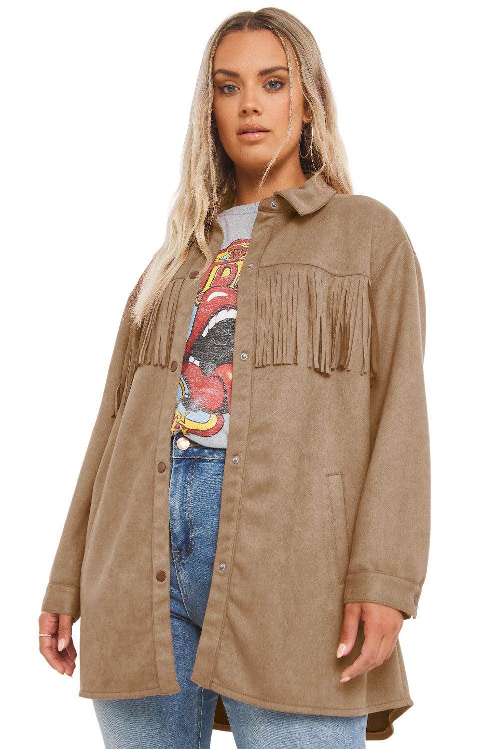 Chic khaki fringe plus size suede shacket for a stylish wardrobe update