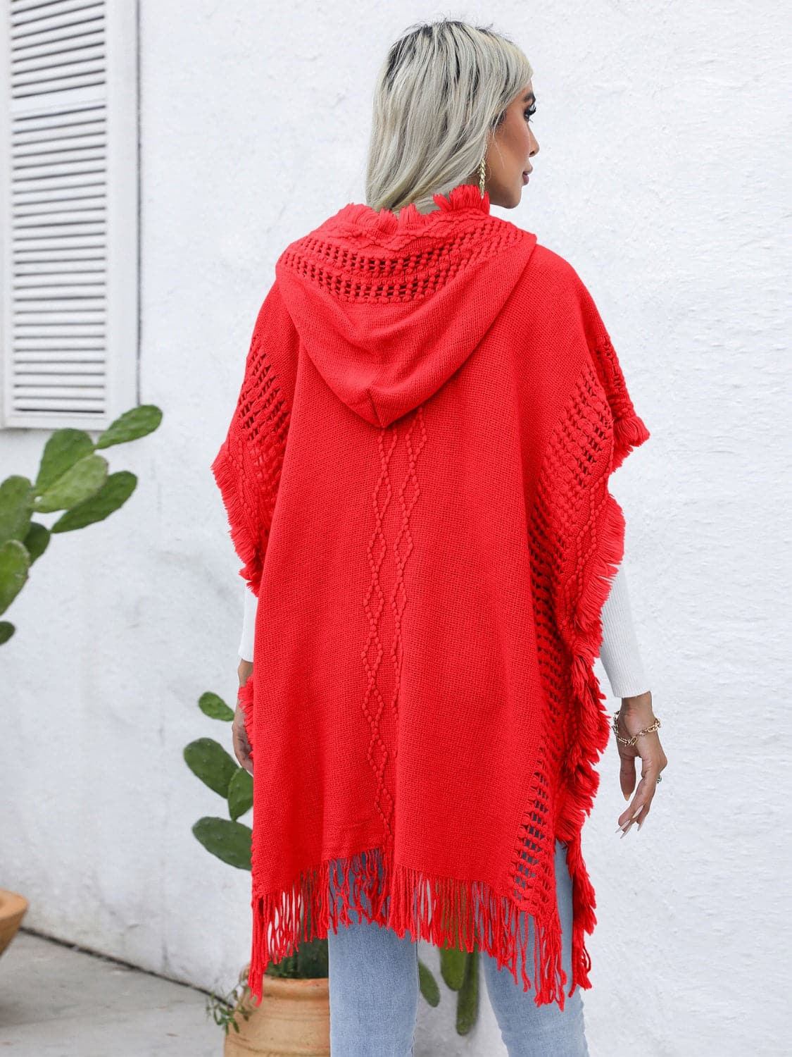 Fringe Trim Buttoned Hooded Poncho.