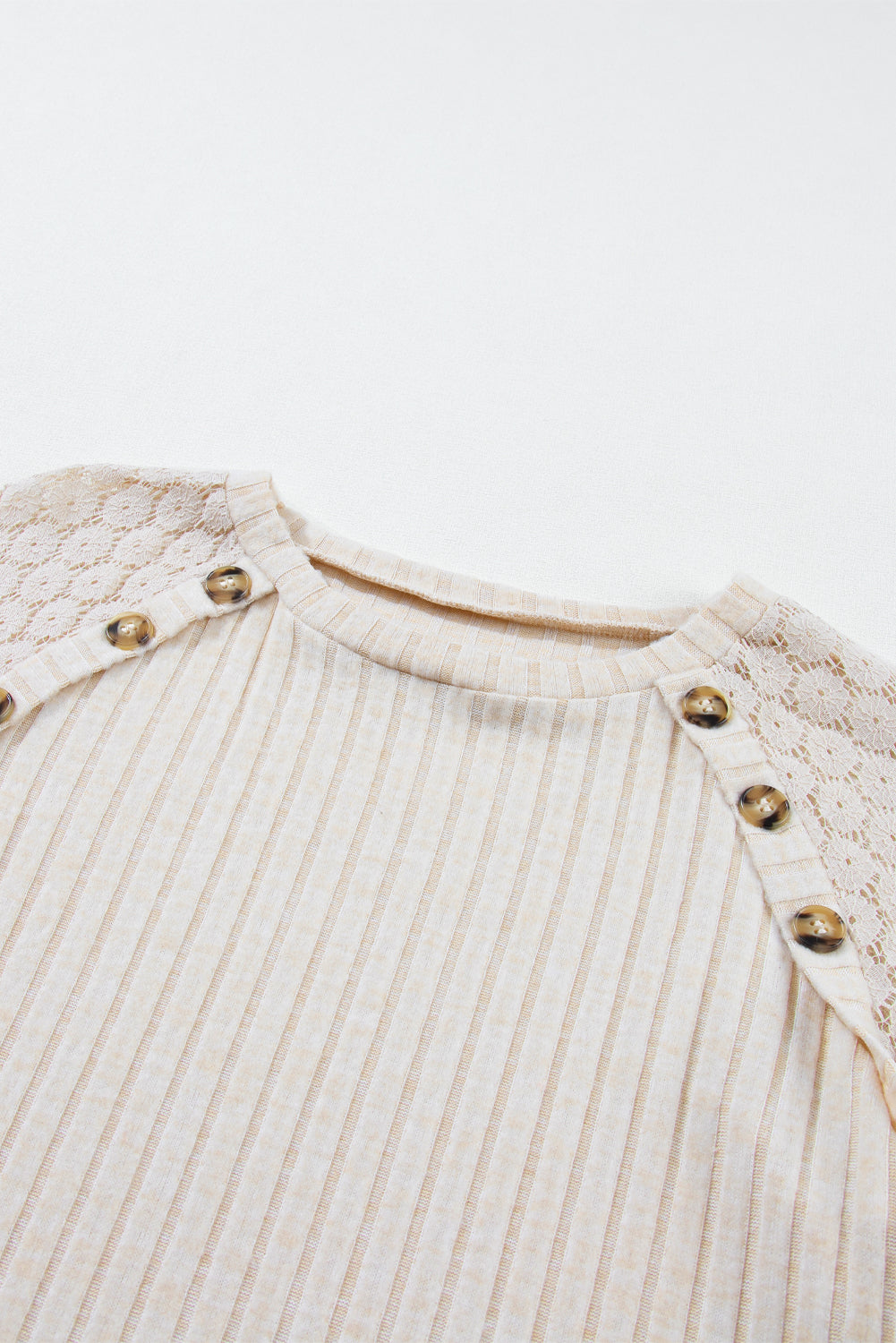 Lace detail ribbed top with button accents and raglan sleeves