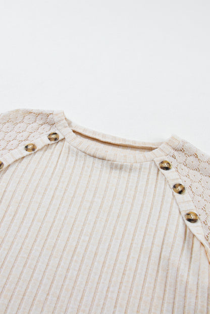 Lace detail ribbed top with button accents and raglan sleeves