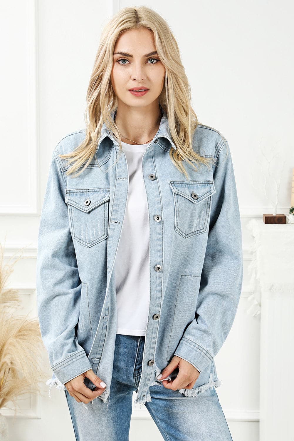 Distressed Button Up Frayed Hem Denim Jacket.