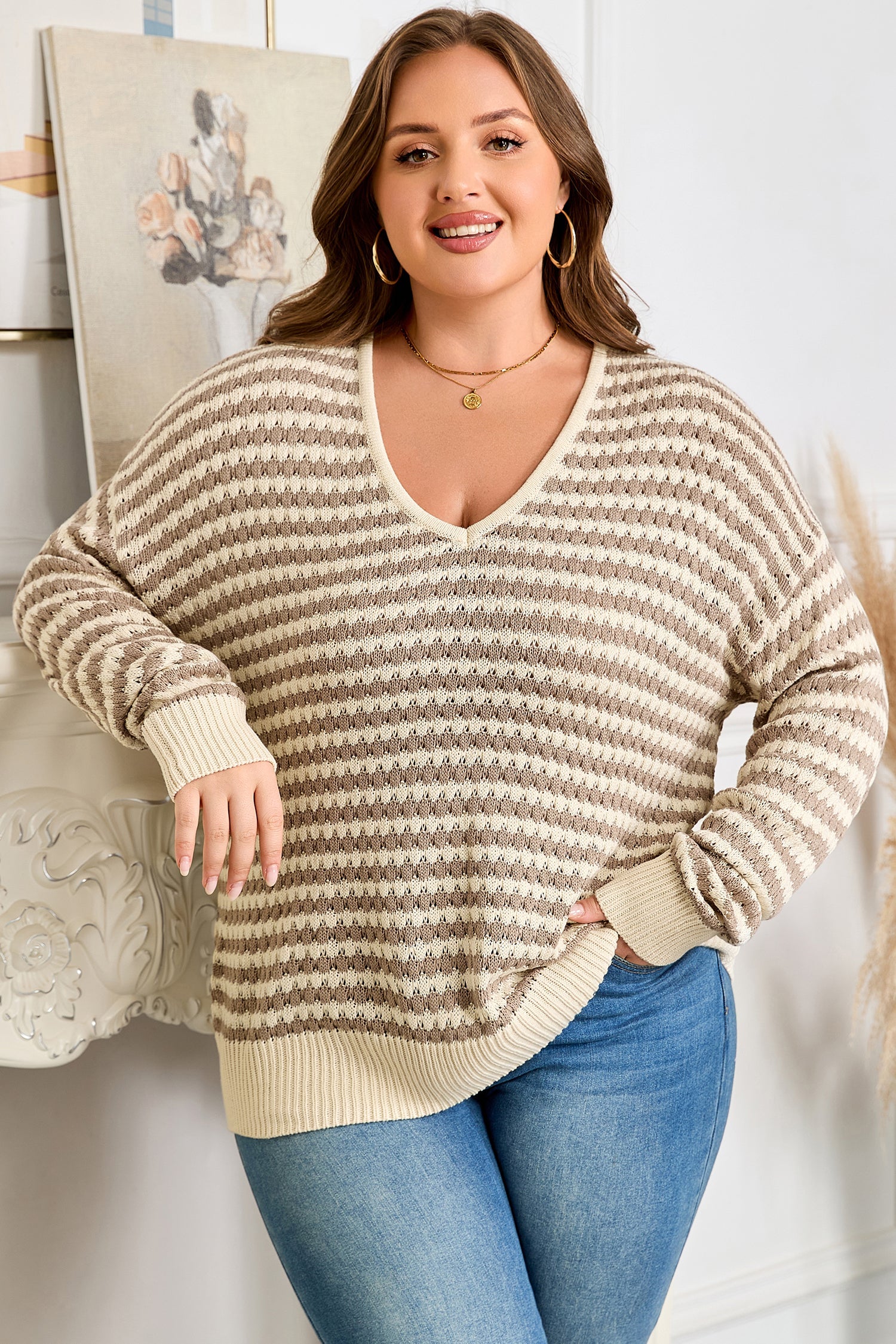 Dear-Lover Khaki Stripe Plus Size Women's V-Neck Sweater Casual Fall Knit Dear-Lover Dropshipping