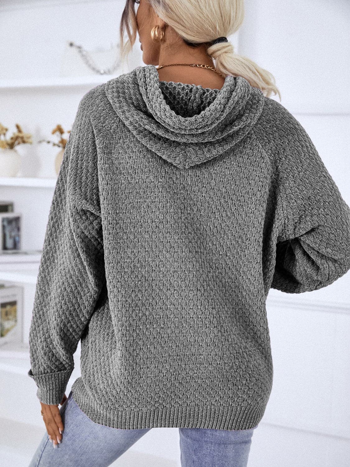 Texture Drawstring Long Sleeve Hooded Sweater.