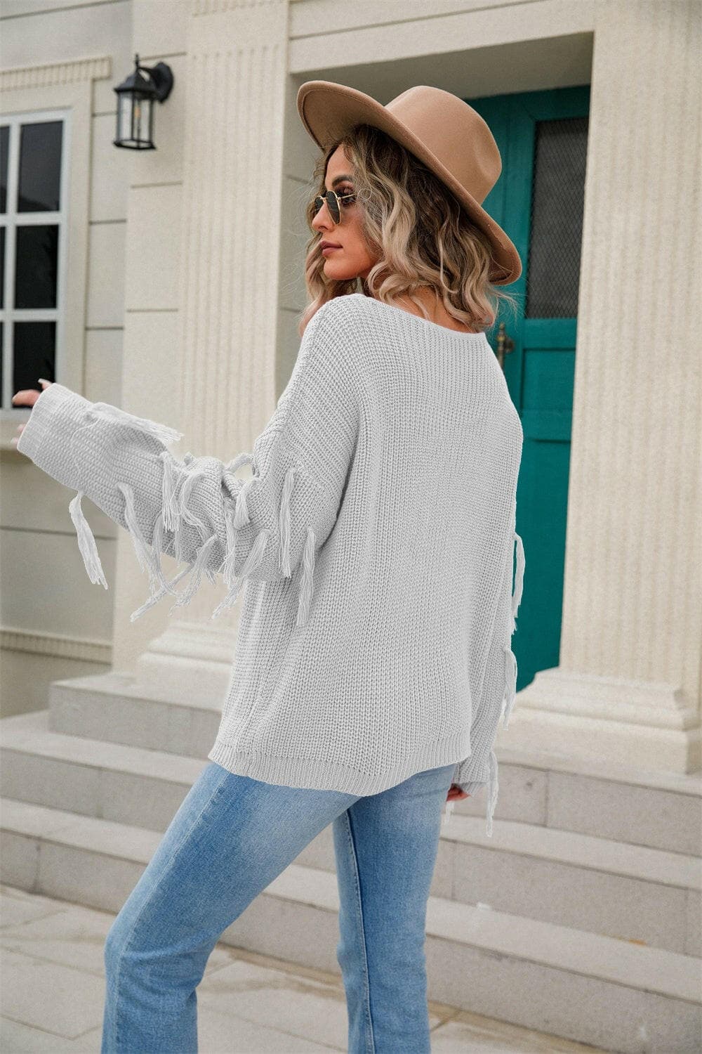 Fringe Round Neck Dropped Shoulder Sweater.