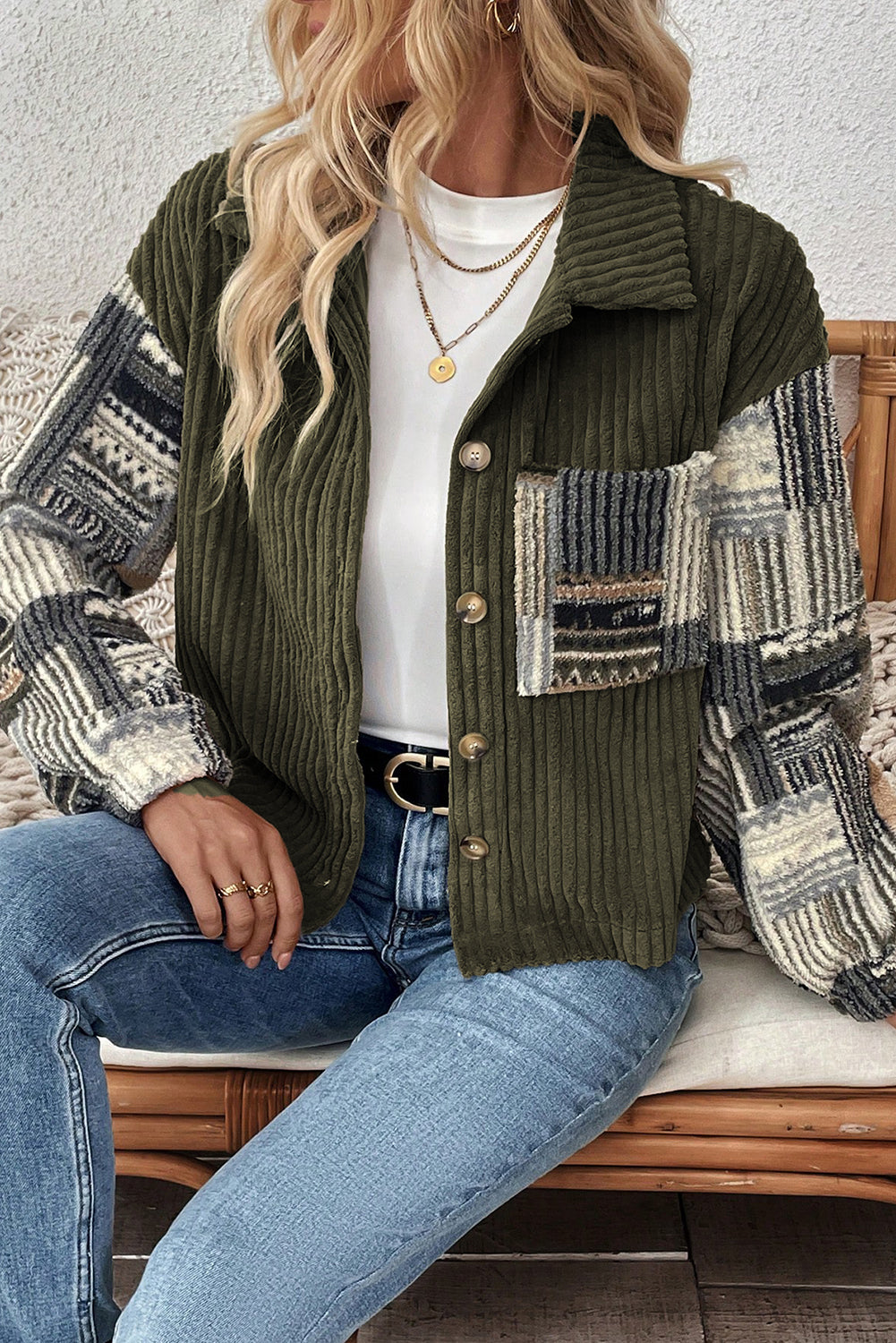 Jungle Green Ribbed Fleece Plaid Print Patchwork Button Up Jacket Cozy Everyday Wear Dear-Lover Dropshipping