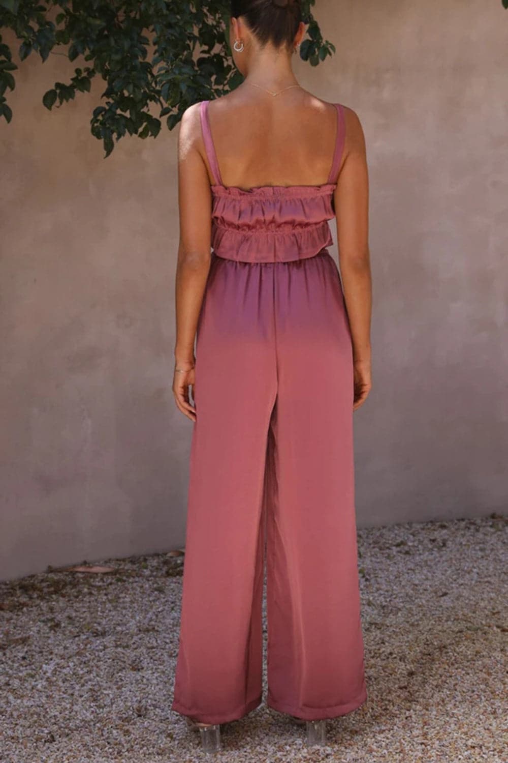 Ruffled Sleeveless Top and Wide Leg Pants Set.