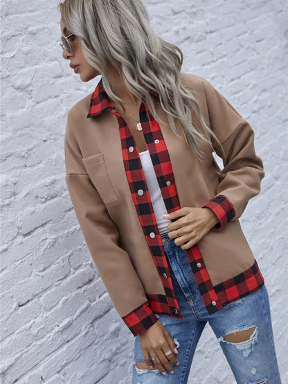 Plaid Trim Long Sleeve Jacket.