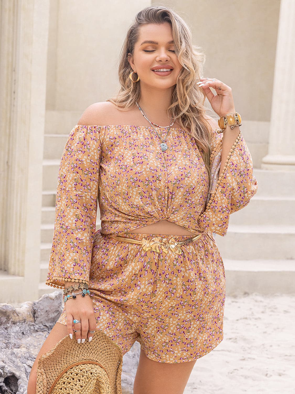 Plus Size Printed Off-Shoulder Top and Shorts Set.