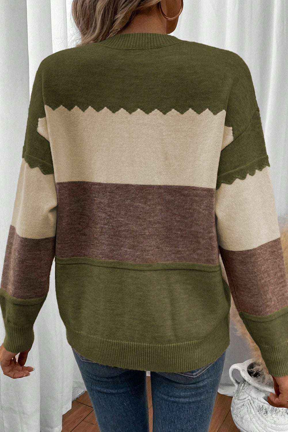 Brown Colorblock Crew Neck Drop Shoulder Knit Sweater Dear-Lover Dropshipping