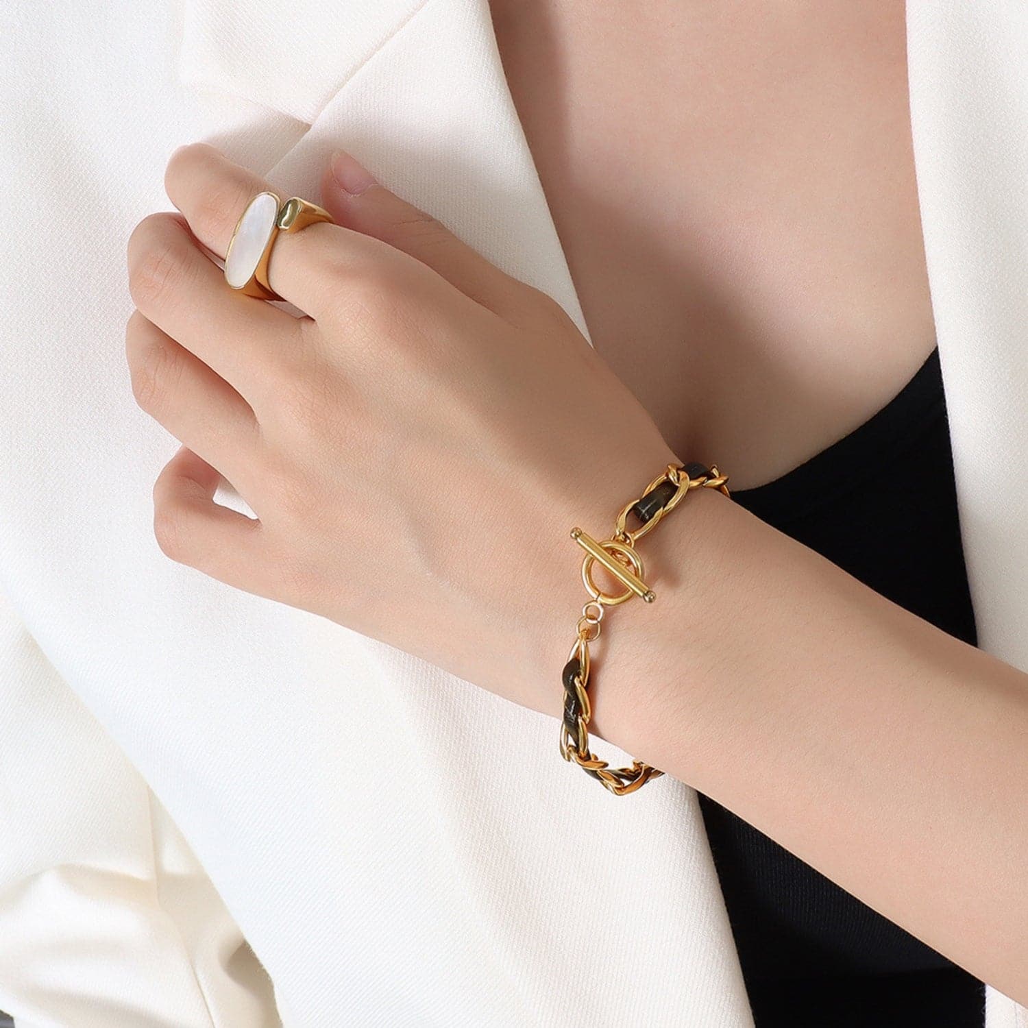 18K Gold-Plated Leather Chain Bracelet.