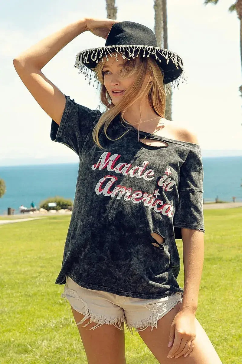 BiBi Laser Cut Mineral Washed America Print Top - Love Salve 