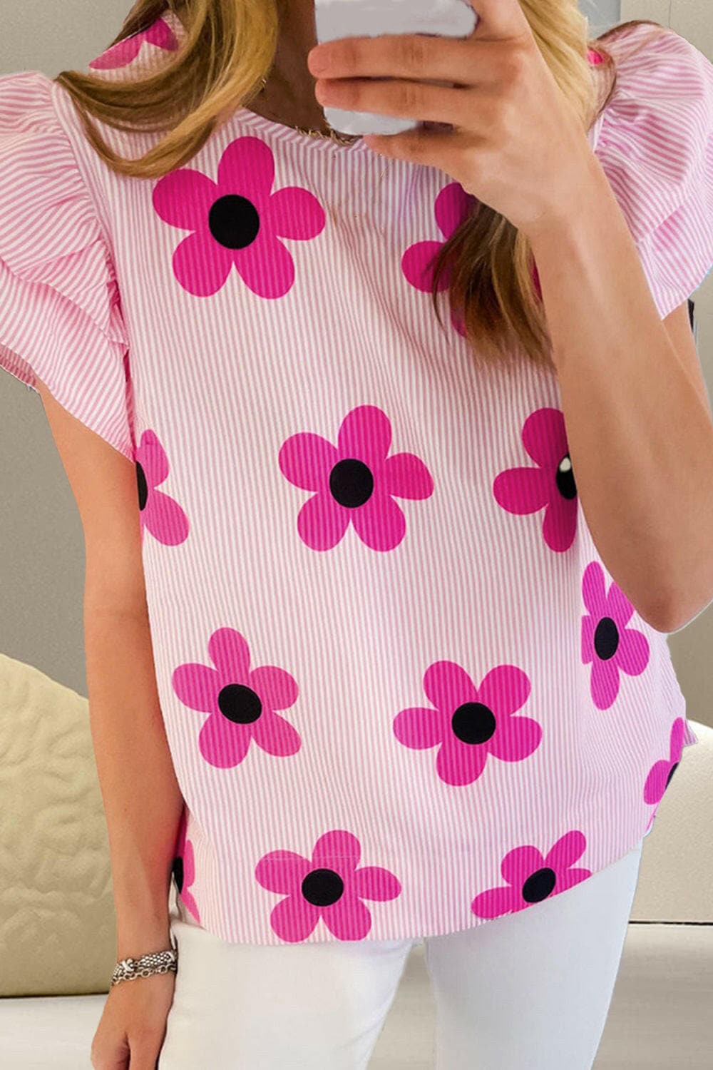 Ruffled Flower Printed Round Neck Cap Sleeve Blouse.