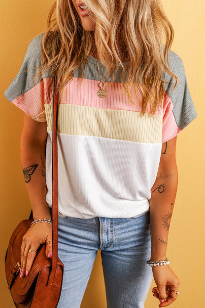 Chic white ribbed color block tee with patchwork design