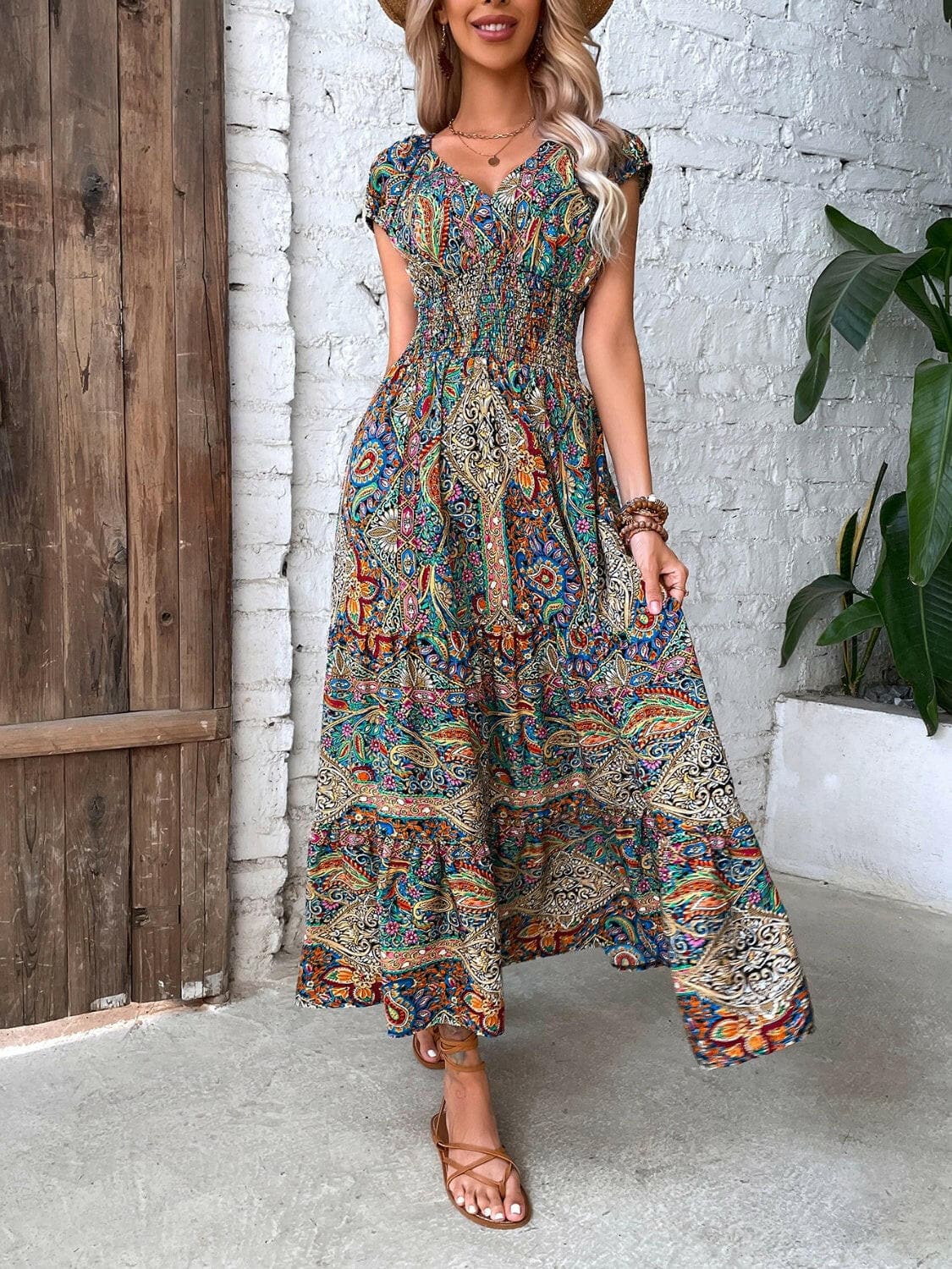 Smocked Printed Cap Sleeve Midi Dress.