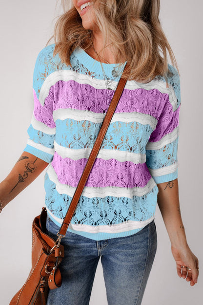 Color Block Round Neck Knit Top.