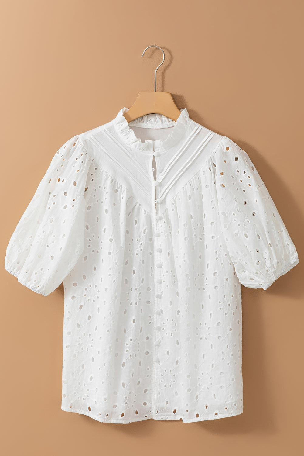 Charming white embroidered puff sleeve blouse with hollow-out design