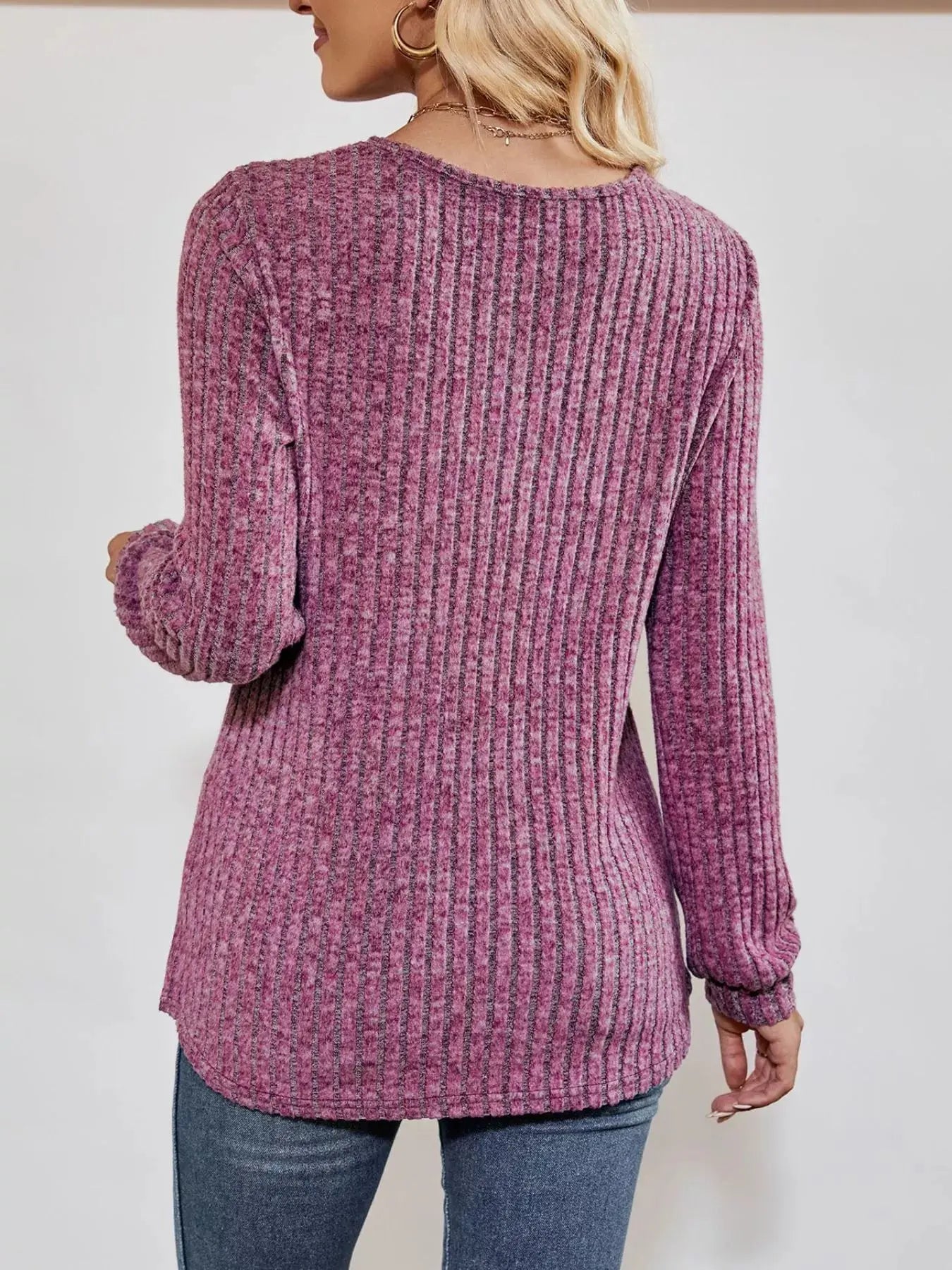 Ribbed Knit V-Neck Long Sleeve T-Shirt Simply Love