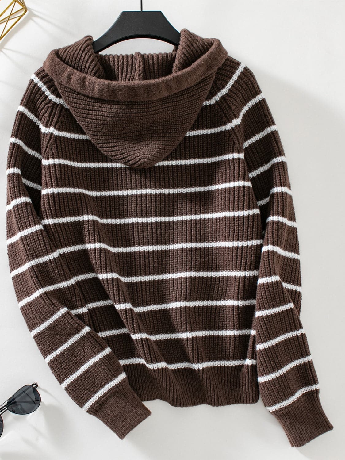 Striped Button Up Long Sleeve Hooded Cardigan.