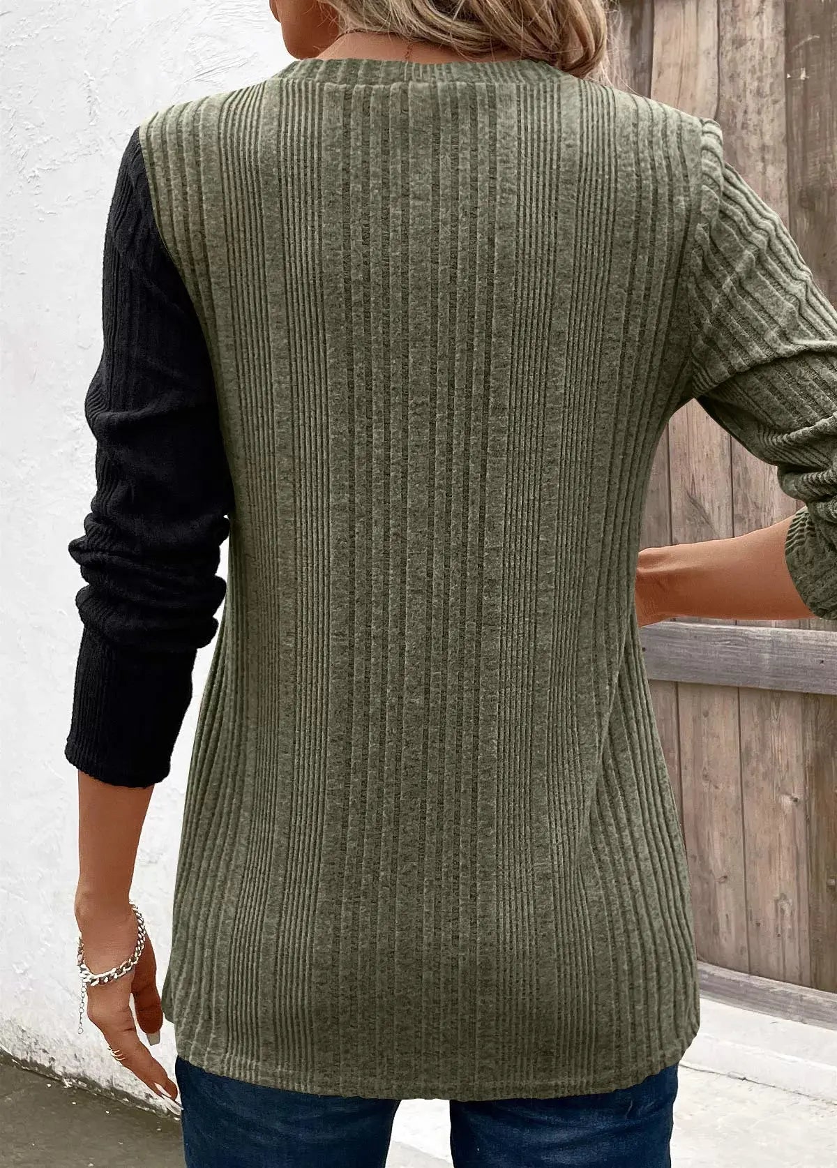 Color Block Ribbed Knit Top With Decorative Buttons Slit Detail Simply Love