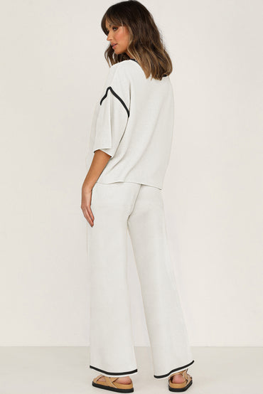 Premium White Contrast Trim Half Sleeve Top Drawstring Pants Set