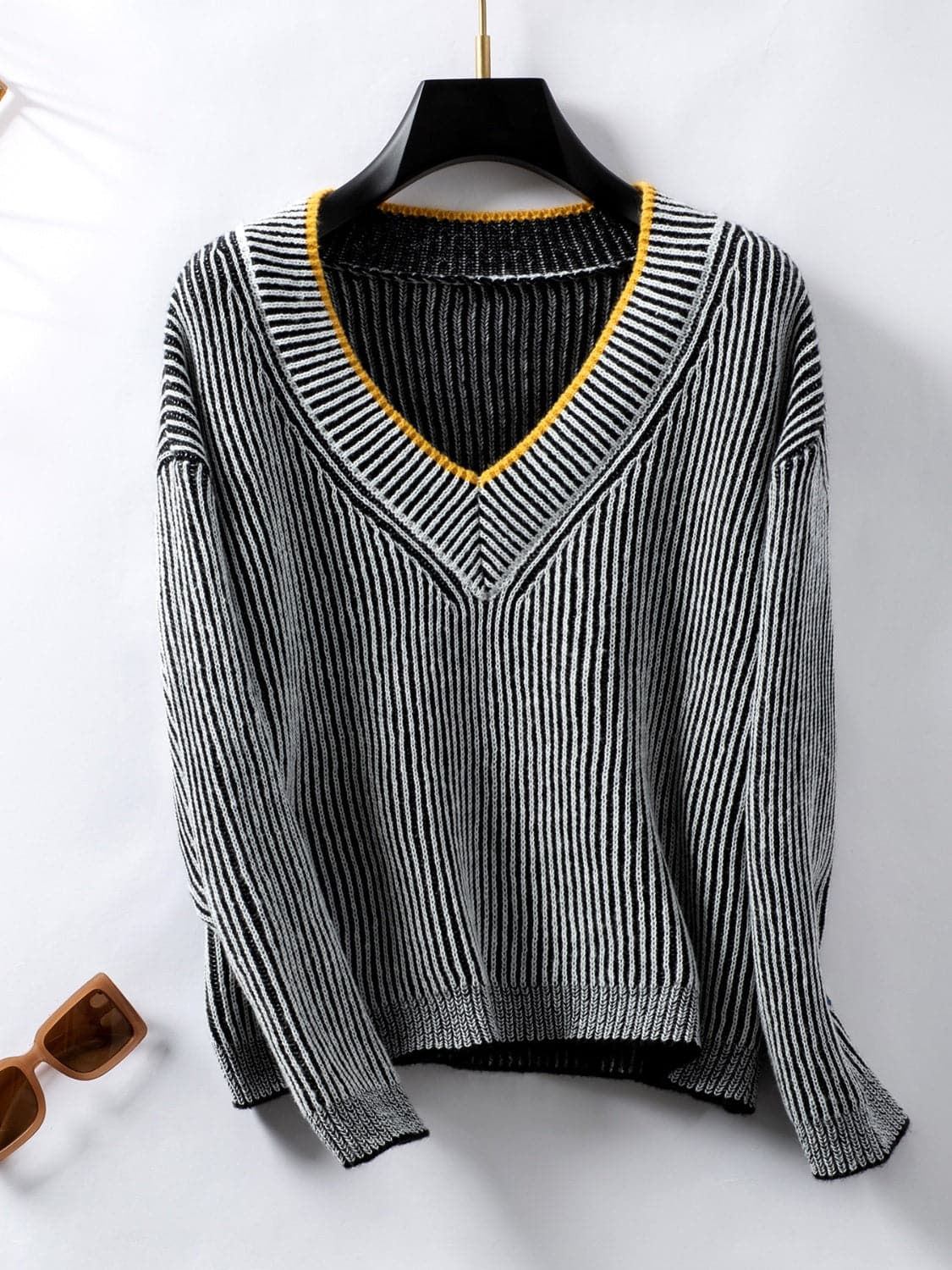 V-neck striped sweater - 100% polyester