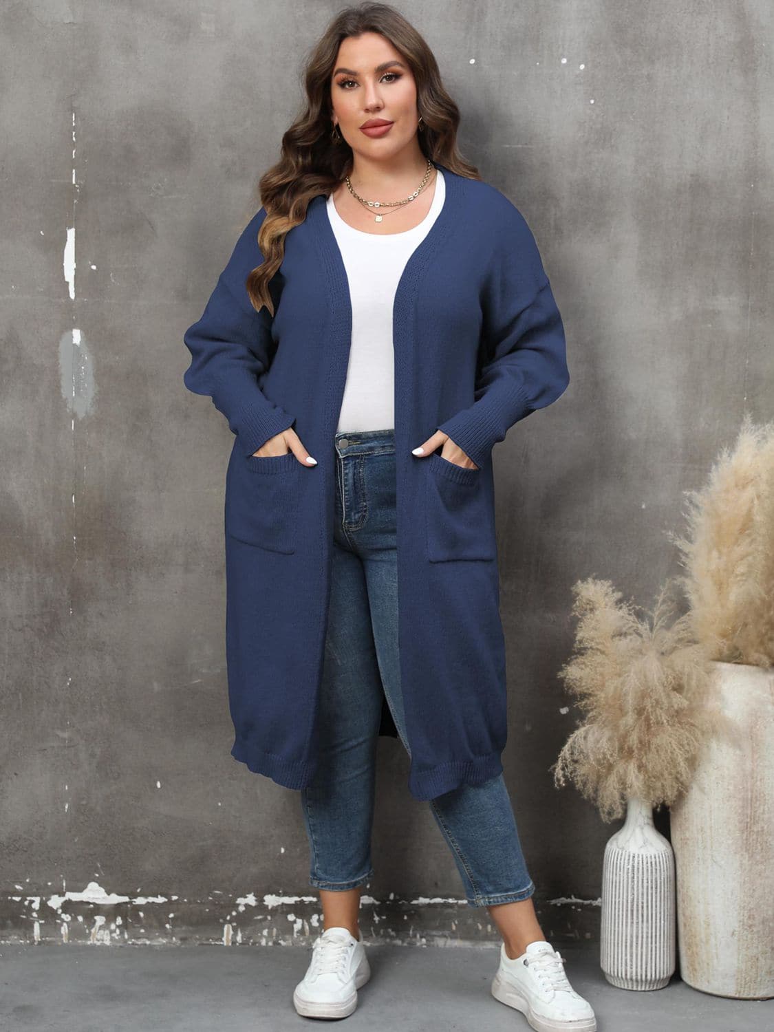 Plus Size Long Sleeve Pocketed Cardigan.