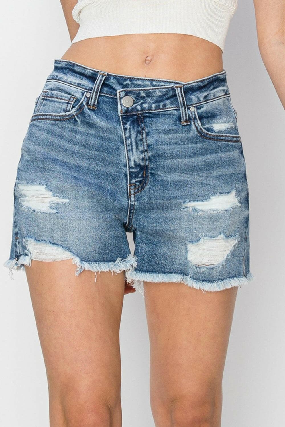 RISEN Stepped Waist Frayed Denim Shorts.