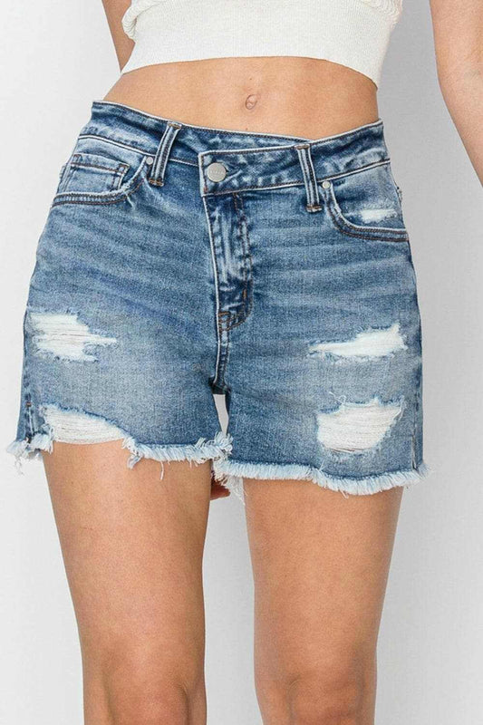 Risen frayed denim shorts, stepped waist - Love Salve 