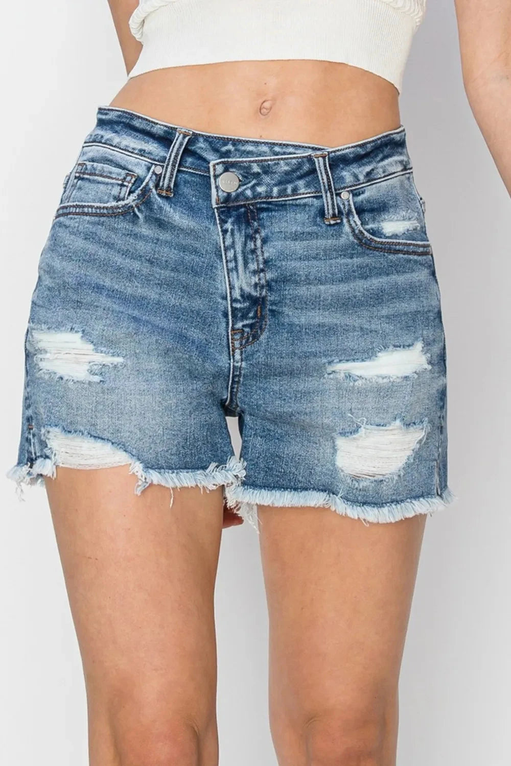 RISEN Stepped Waist Frayed Denim Shorts Coco’s Tee Boutique